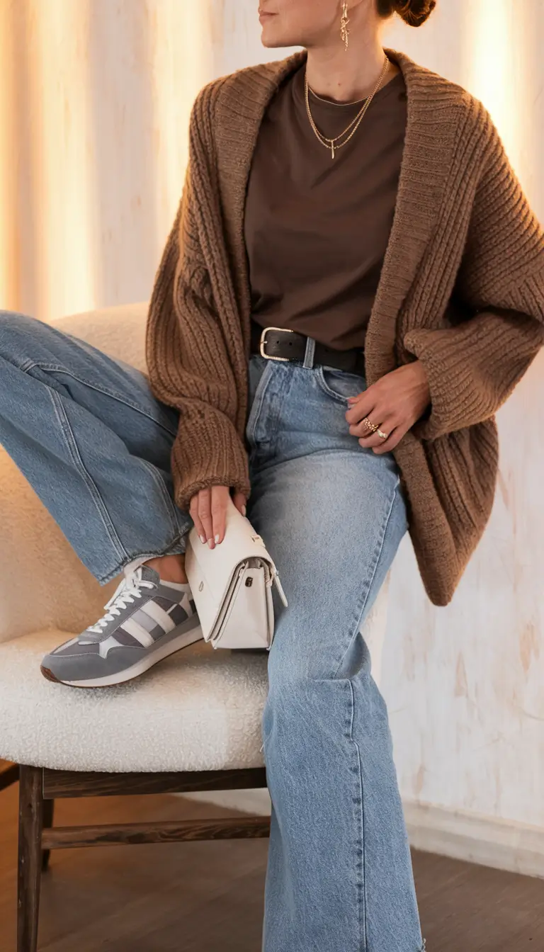 cozy fall outfits ideas 2025 Mocha Rib & Retro Trainers