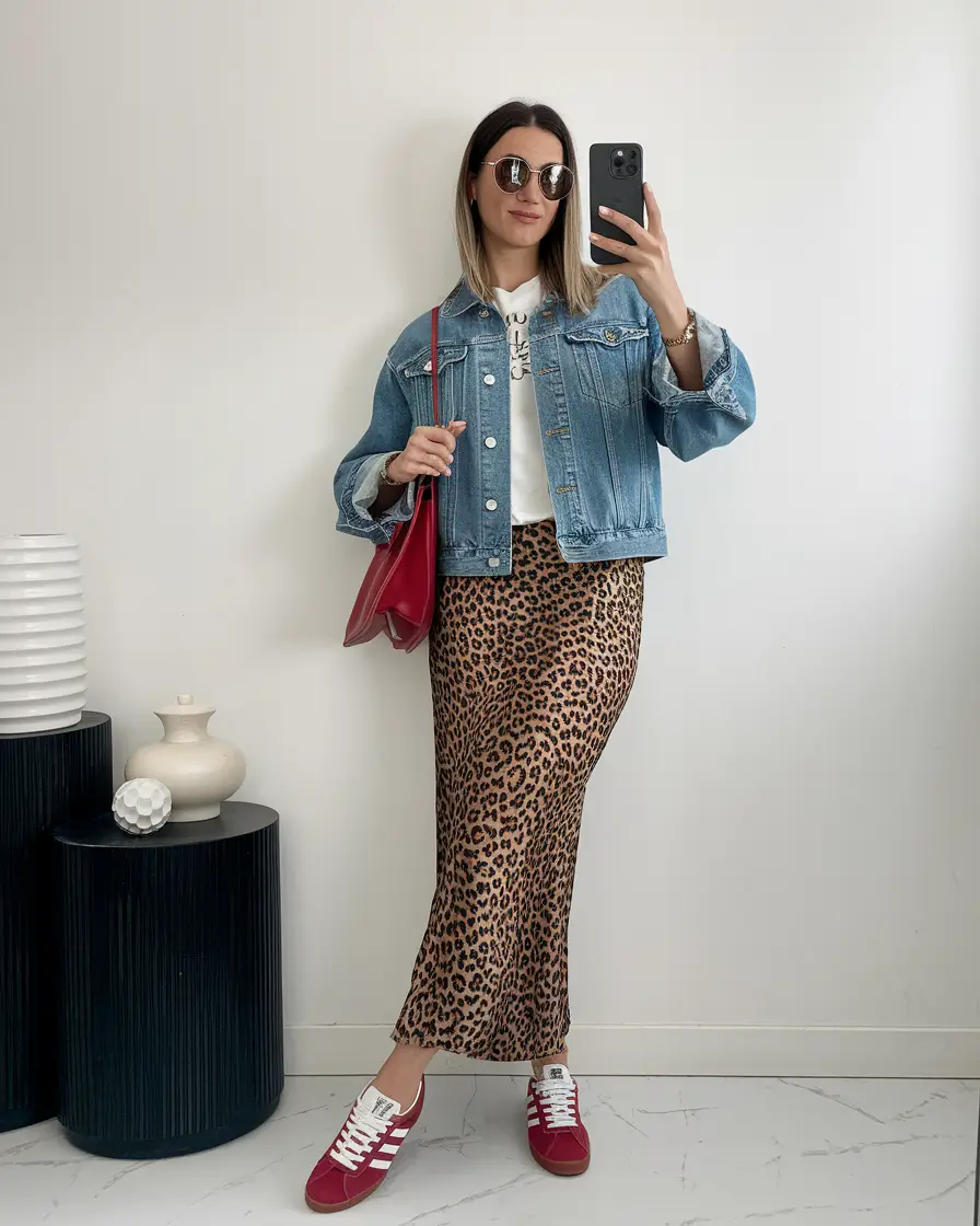cozy fall outfits ideas 2025 Leopard Slip & Denim Pop