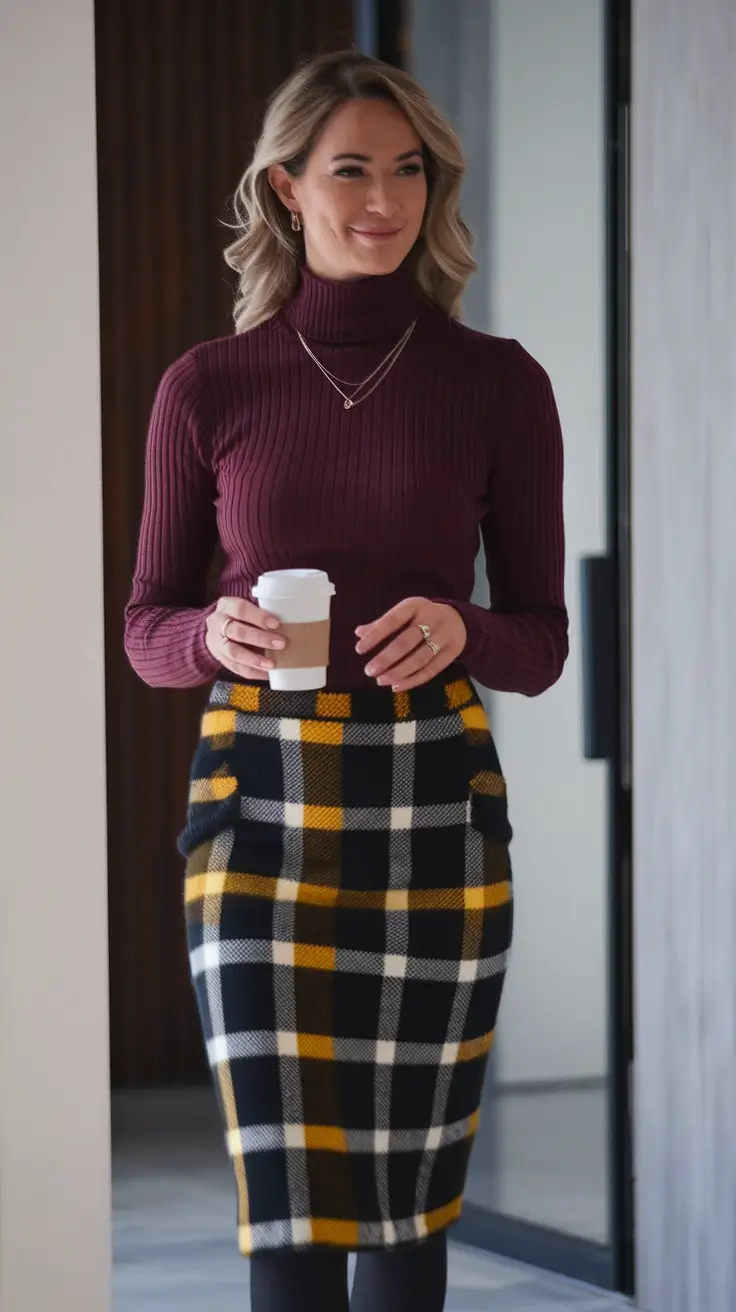 cozy fall outfits ideas 2025 Merlot & Plaid Power Pencil
