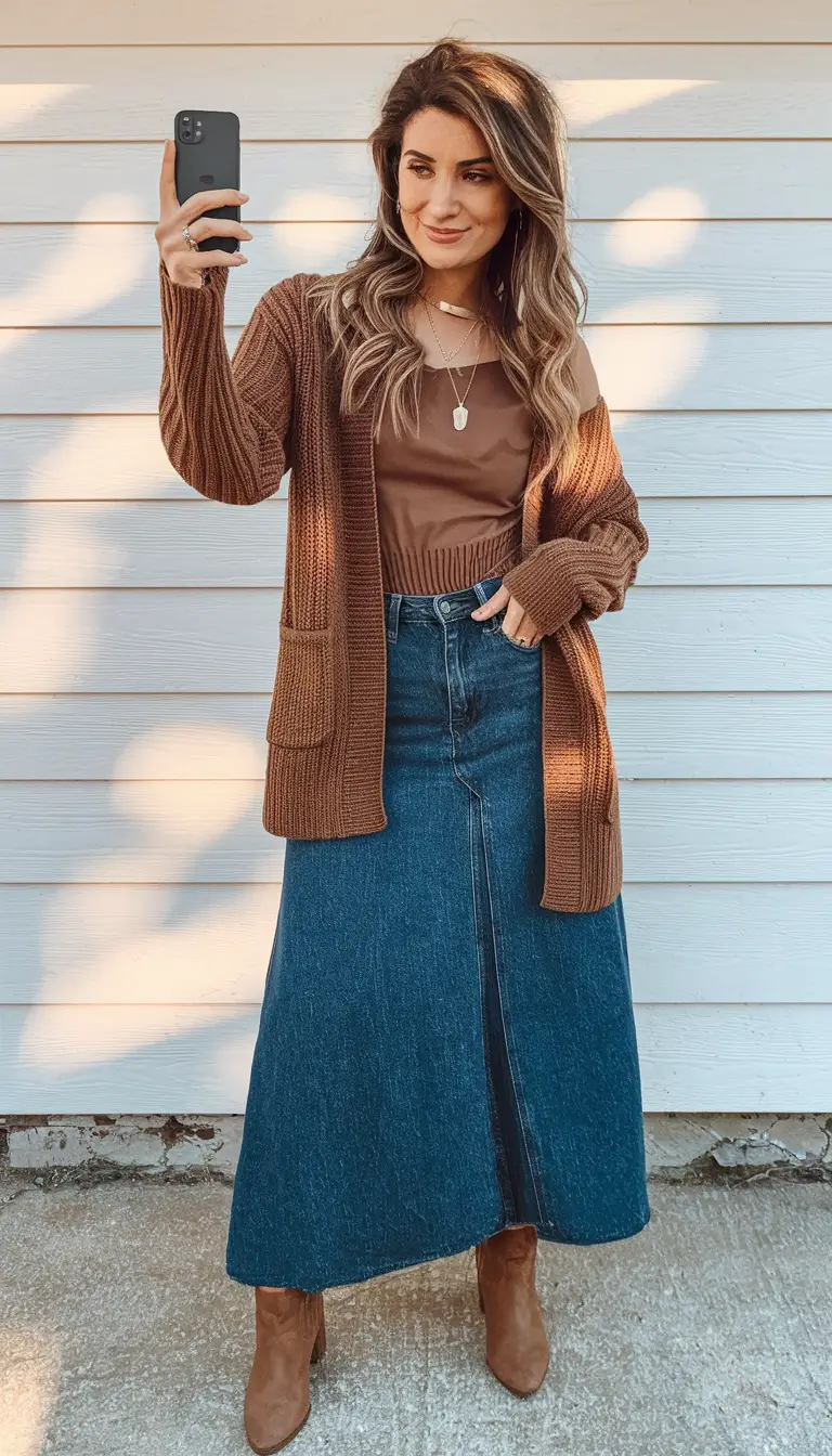 cozy fall outfits ideas 2025 Mocha-Meets-Denim Cabin Vibes