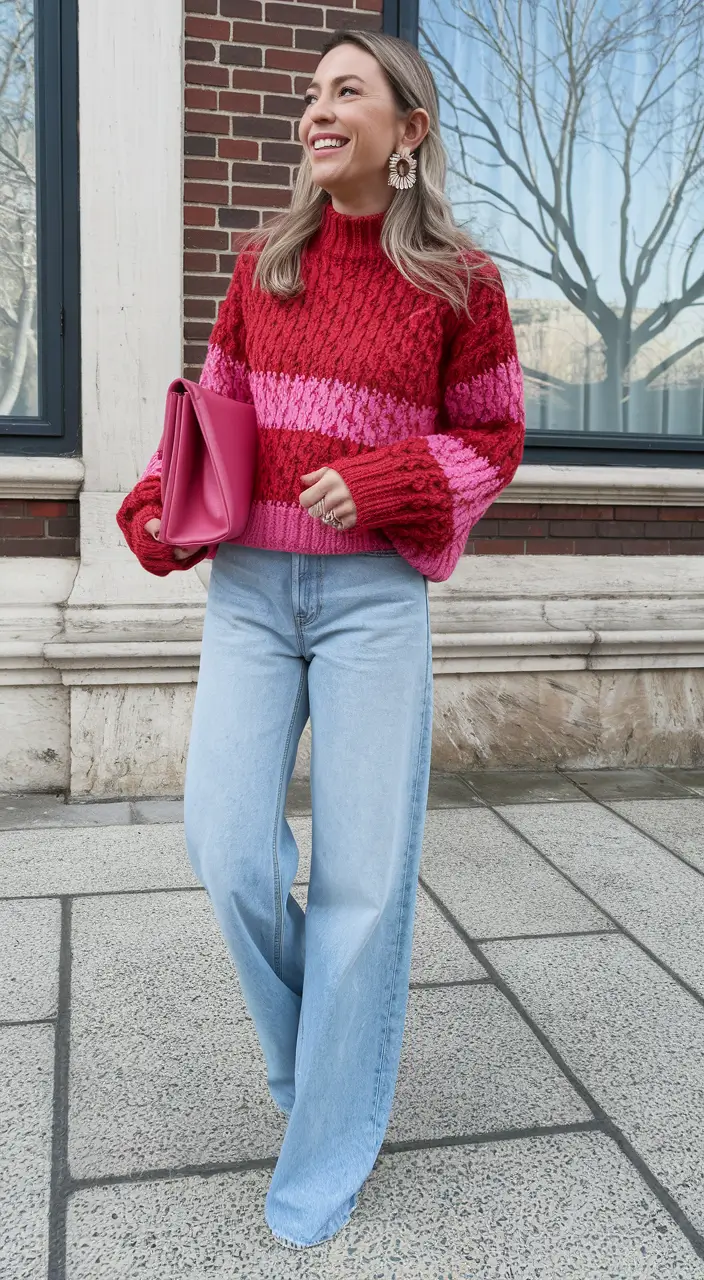 cozy fall outfits ideas 2025 Berry-Stripe Pop & Vintage Denim