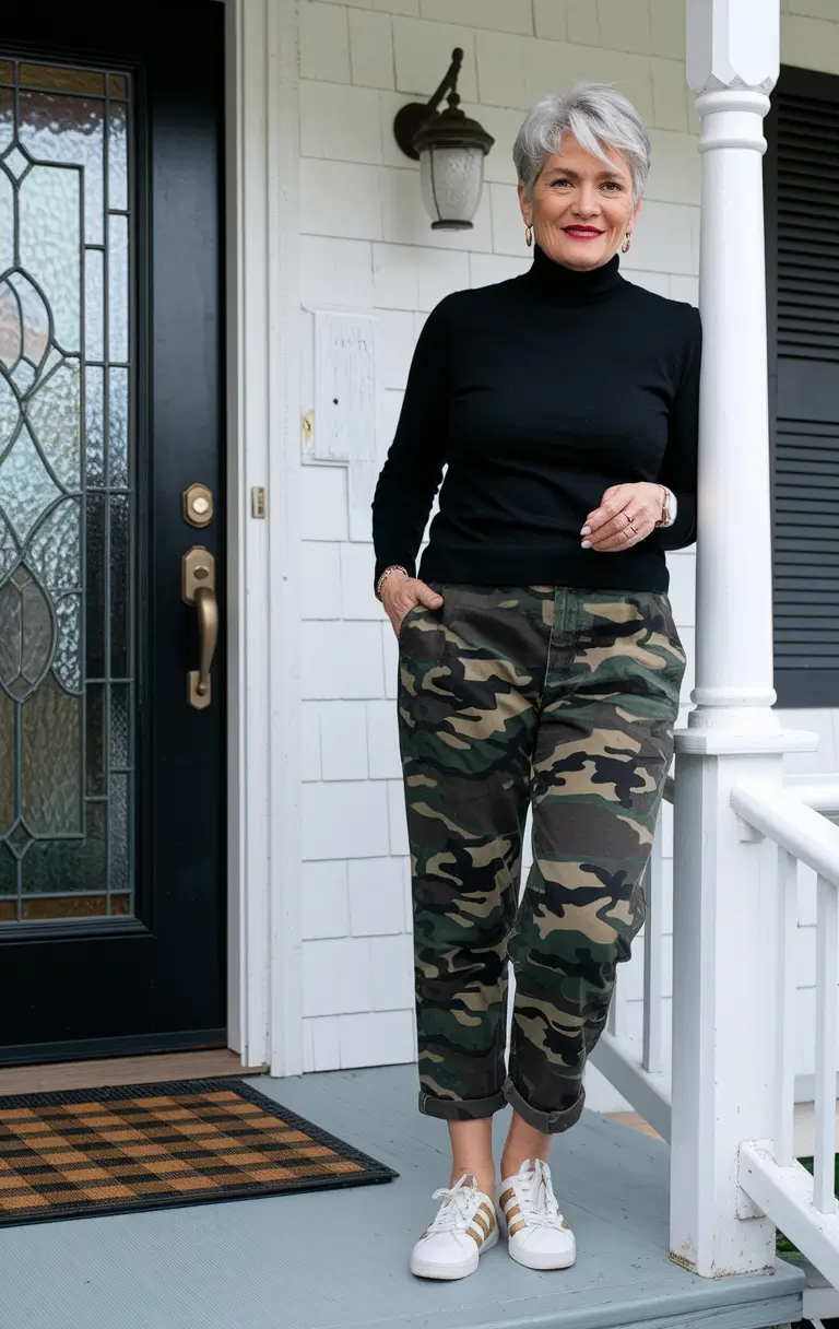 cute fall outfits for women over 60 - ideas 2025 Black Turtleneck & Camo Cool