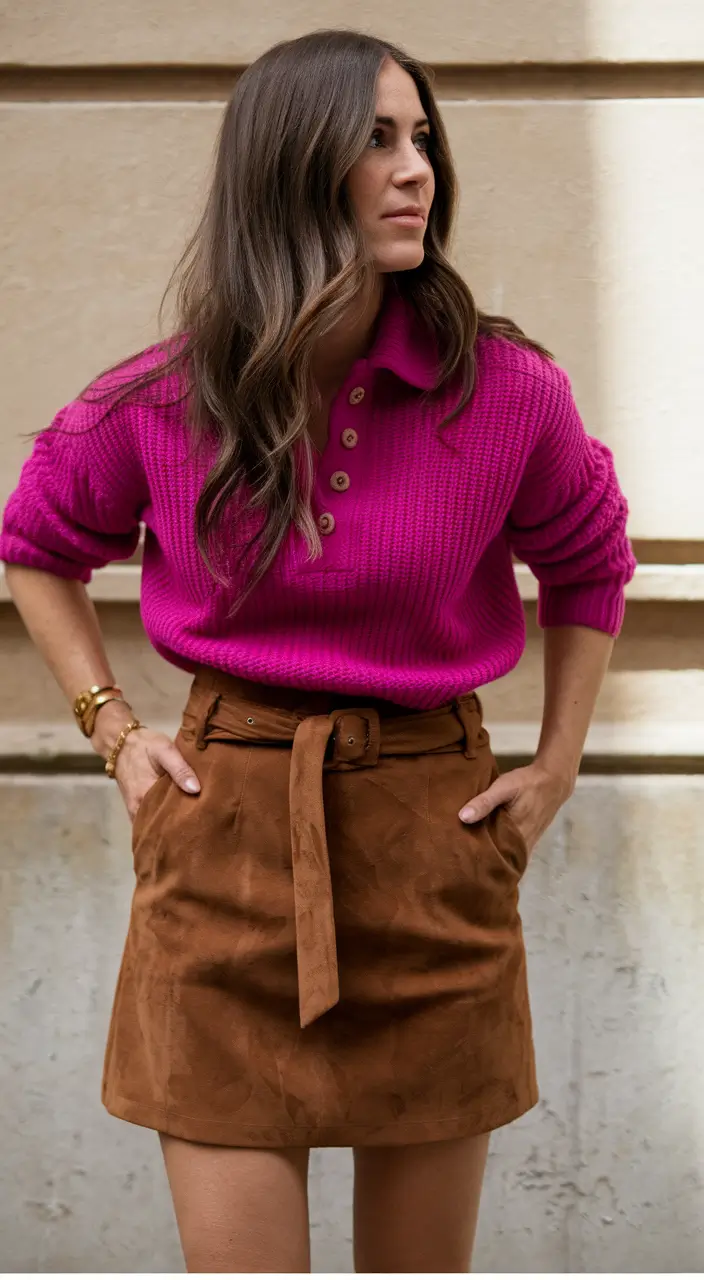 early fall outfits ideas 2025 – Fuchsia Polo & Suede Mini