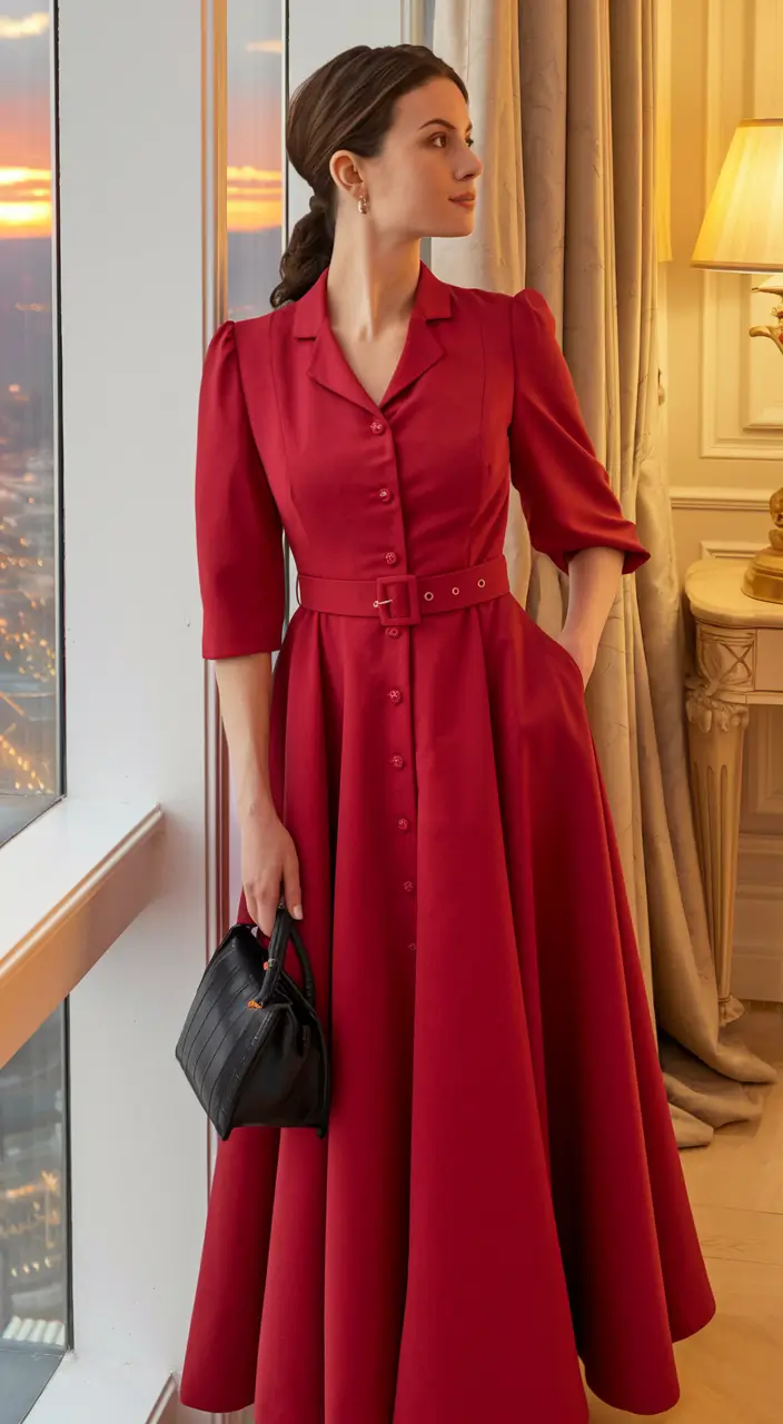early fall outfits ideas 2025 – Cranberry Button-Down Swing