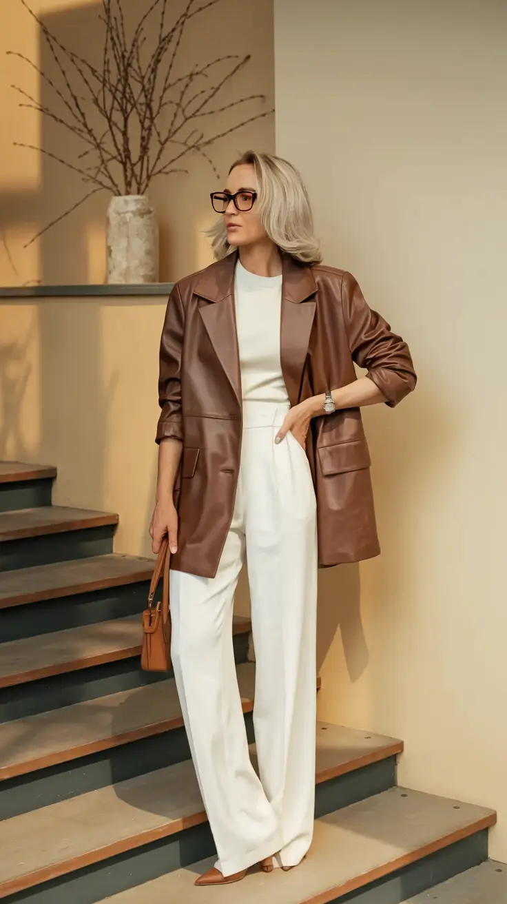 early fall outfits ideas 2025 – Chocolate Leather & Creamy Whites