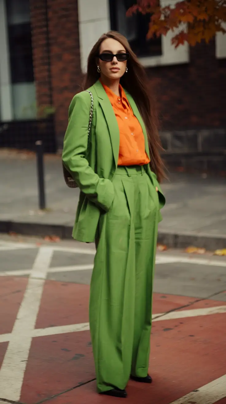 early fall outfits ideas 2025 – Tangelo & Lime Power Suit Clash