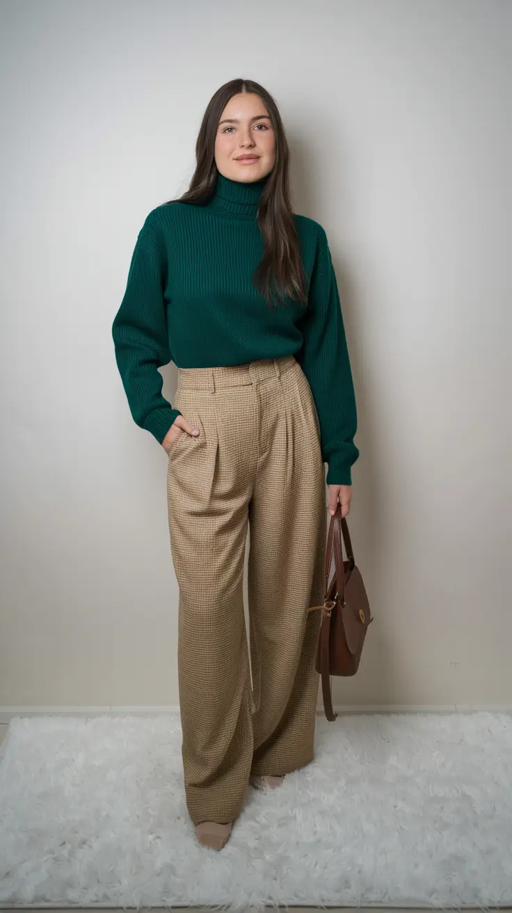 early fall outfits ideas 2025 – Emerald Knit & Sandstone Trousers