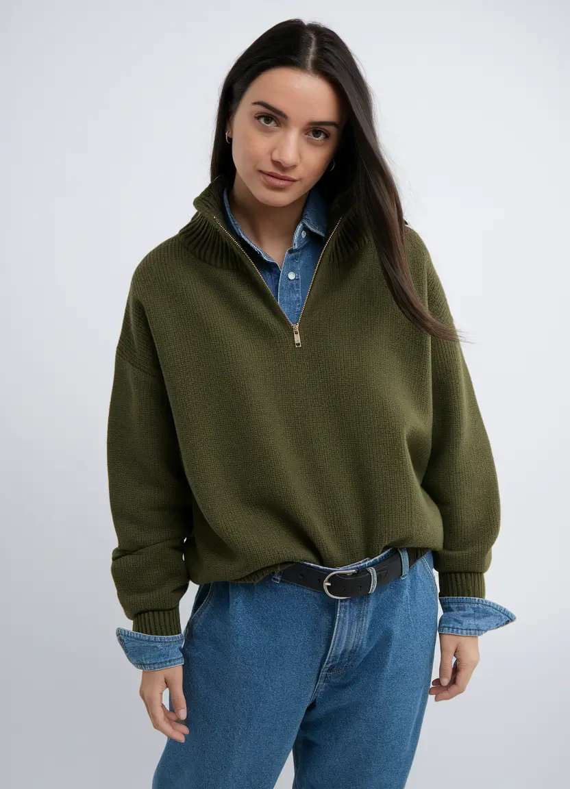 early fall outfits ideas 2025 – Olive Half-Zip and Denim Calm