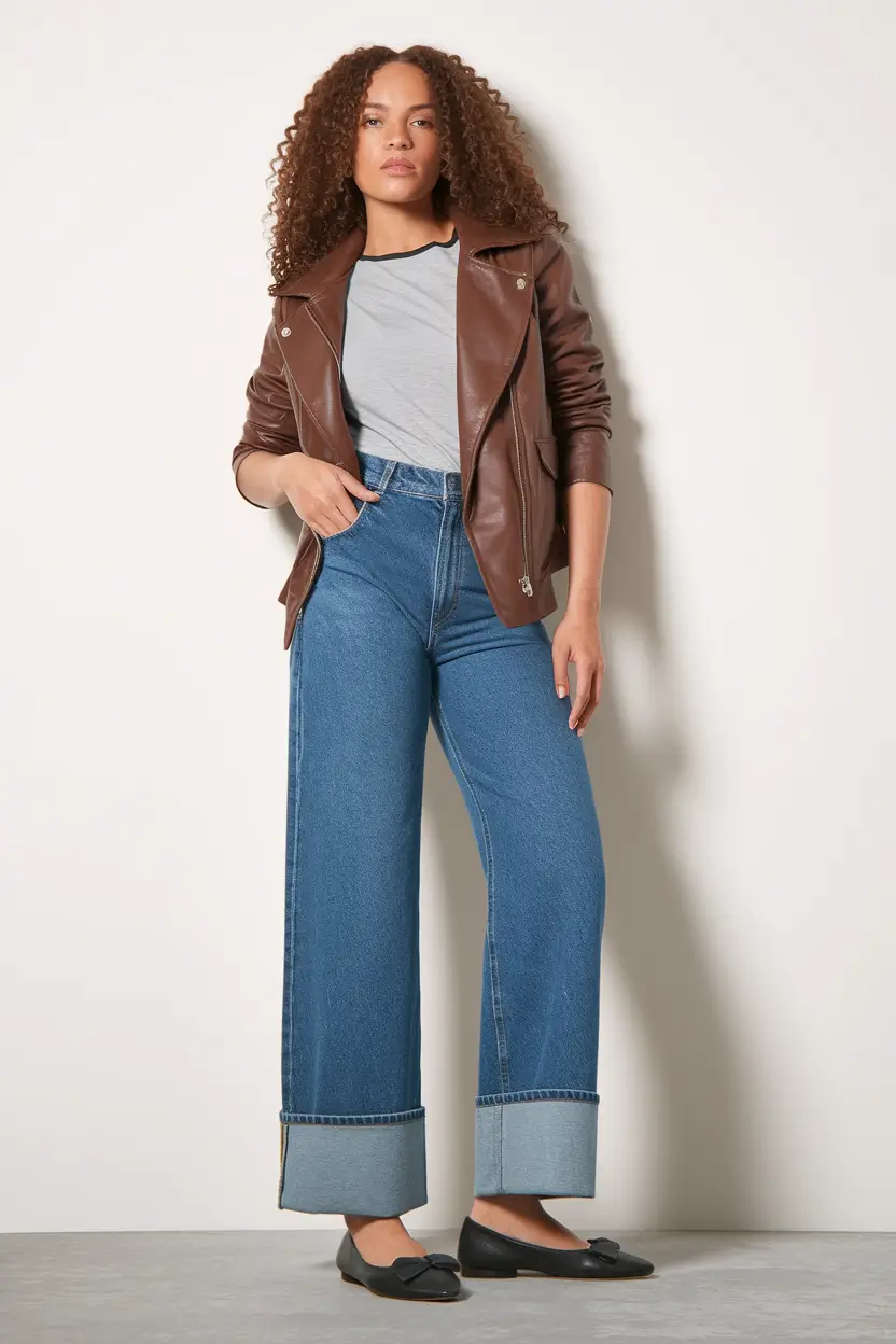 easy fall work outfits for women 2025 Leather Layers & Wide-Leg Denim Ease