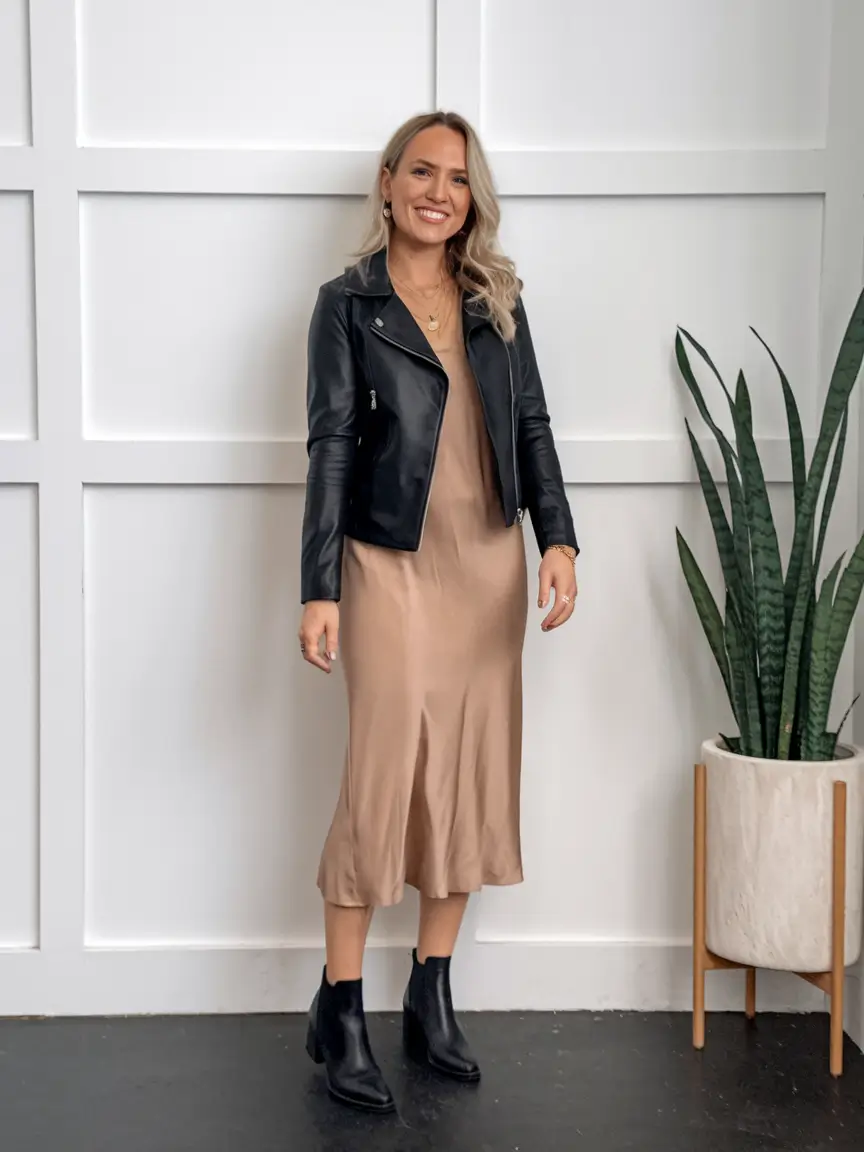 easy fall work outfits for women 2025 Slip Dress & Moto Jacket Magic