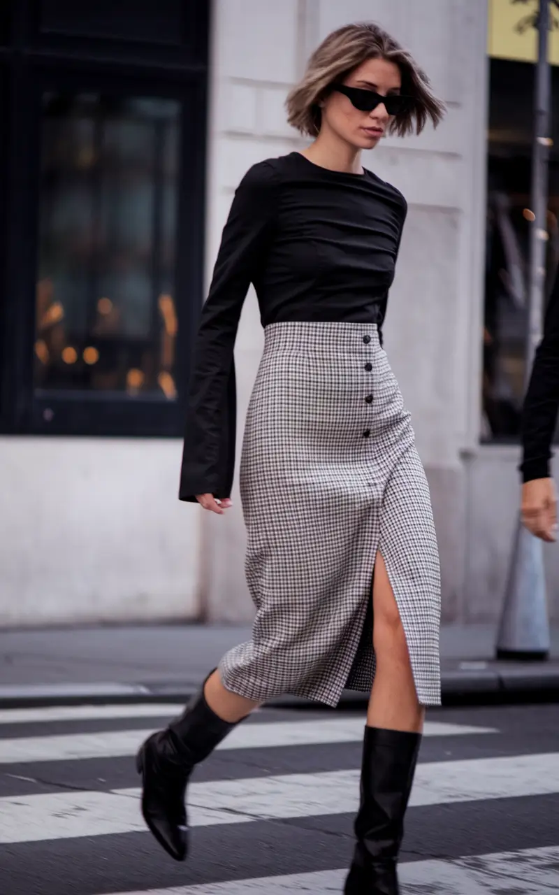 easy fall work outfits for women 2025 Checked Skirt, Sleek Attitude