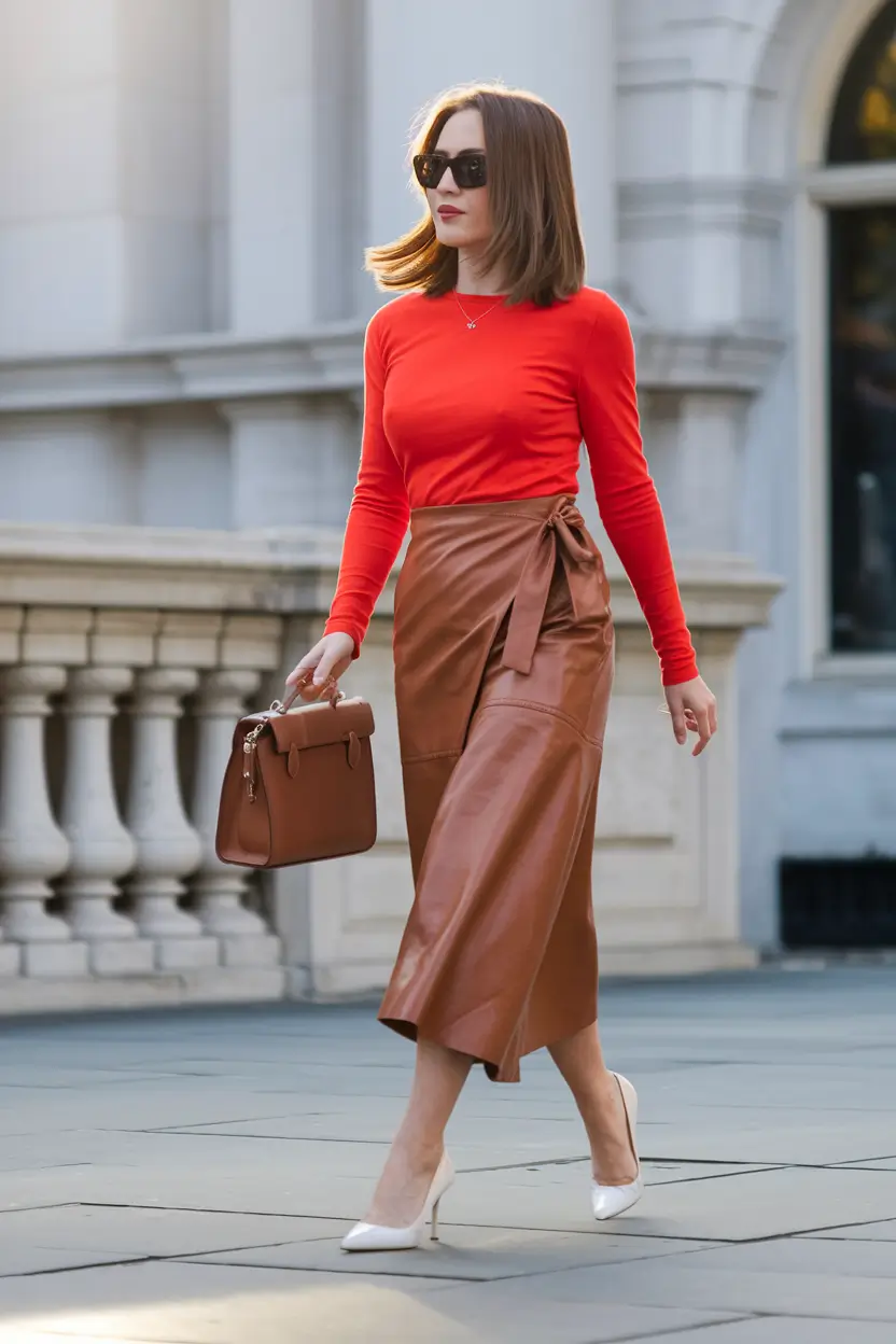 easy fall work outfits for women 2025 Fiery Top, Sleek Leather Wrap