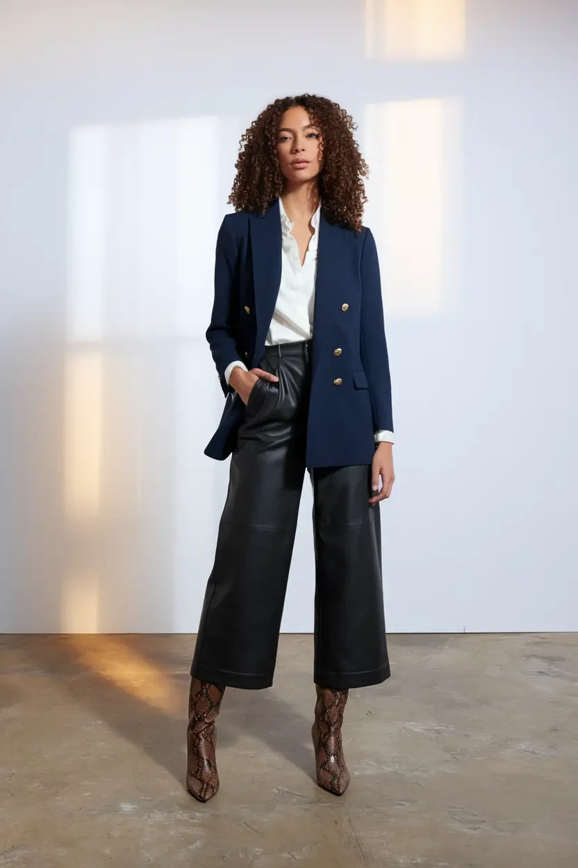 easy fall work outfits for women 2025 Navy Blazer Meets Leather Culottes