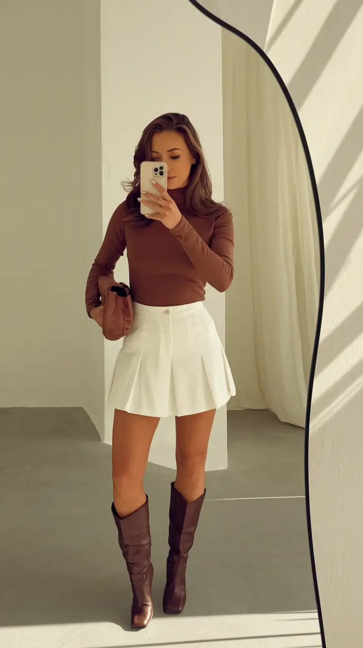 everyday fall outfits ideas 2025 Chocolate Turtleneck & Tennis-Skirt Remix