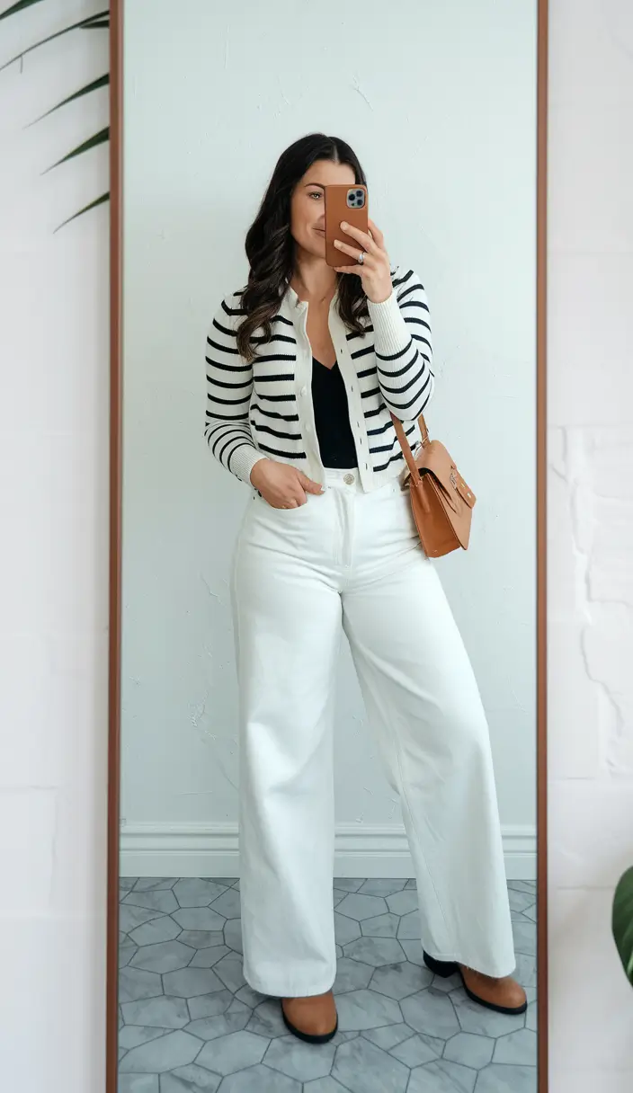 everyday fall outfits ideas 2025 Breton Cardigan & Winter-White Denim