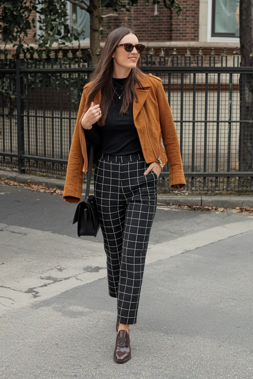 everyday fall outfits ideas 2025 Suede Amber Moto & Windowpane Trousers