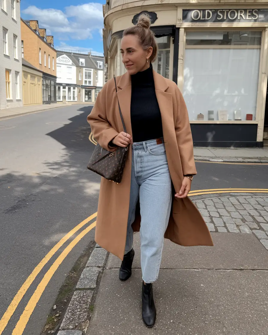 everyday fall outfits ideas 2025 Camel Coat & Light-Wash Mom Jeans