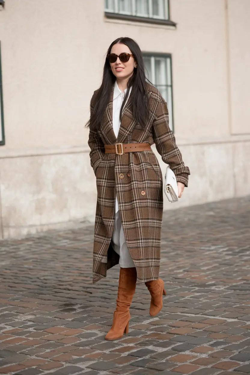 everyday fall outfits ideas 2025 Belted Plaid Duster & Suede-Boot Swagger