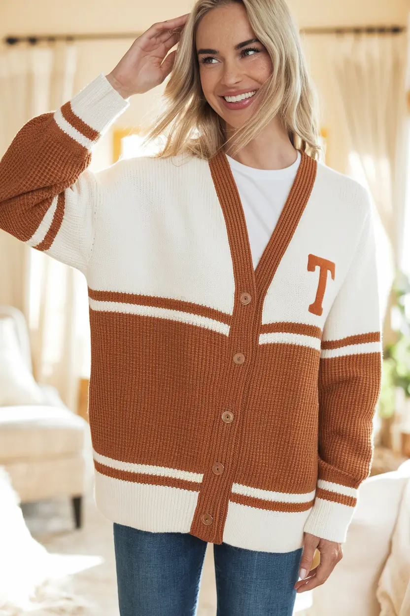 everyday fall outfits ideas 2025 Varsity-Stripe Cardigan Cheer