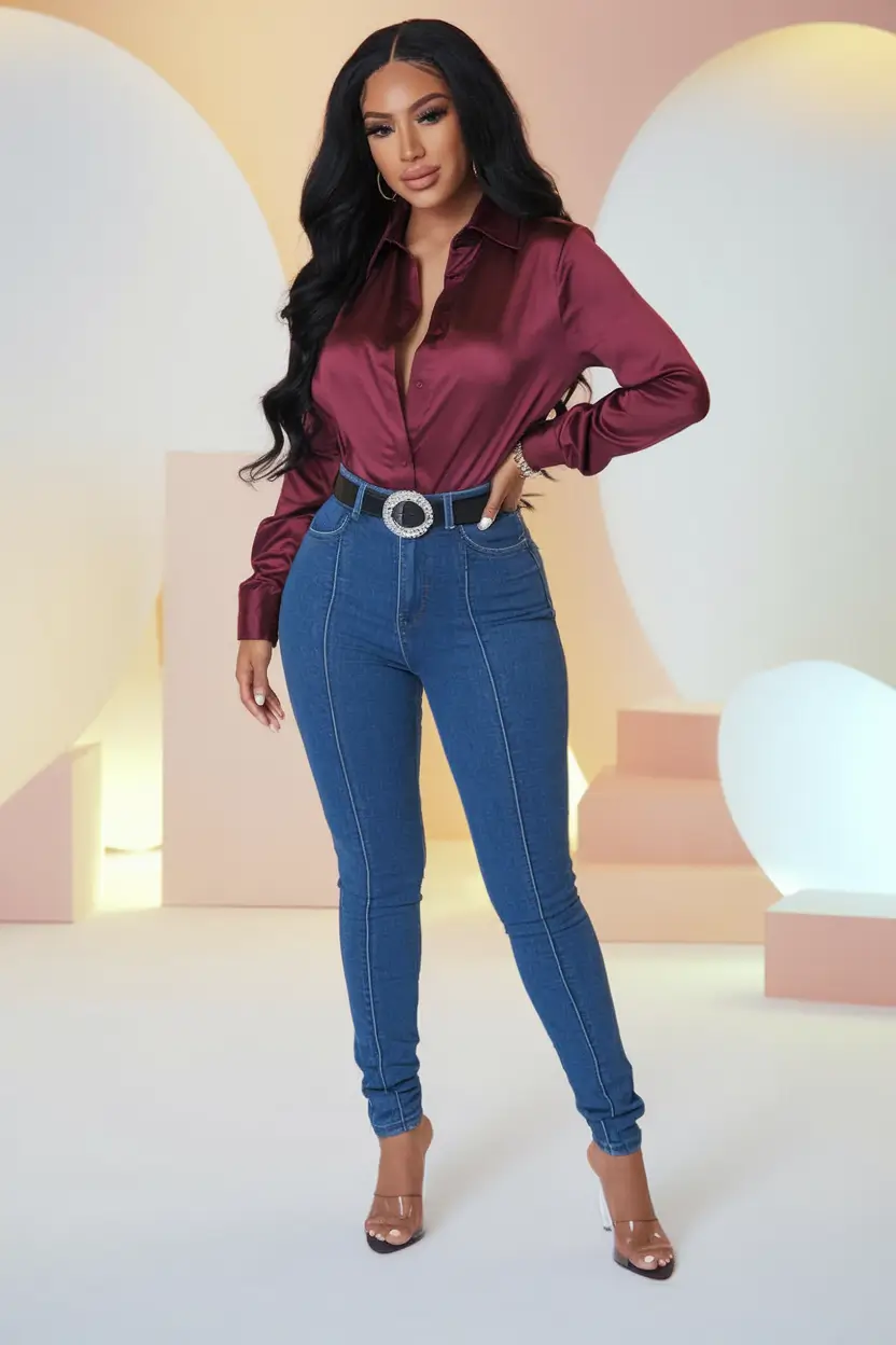everyday fall outfits ideas 2025 Burgundy Satin & Rhinestone Belt Spark