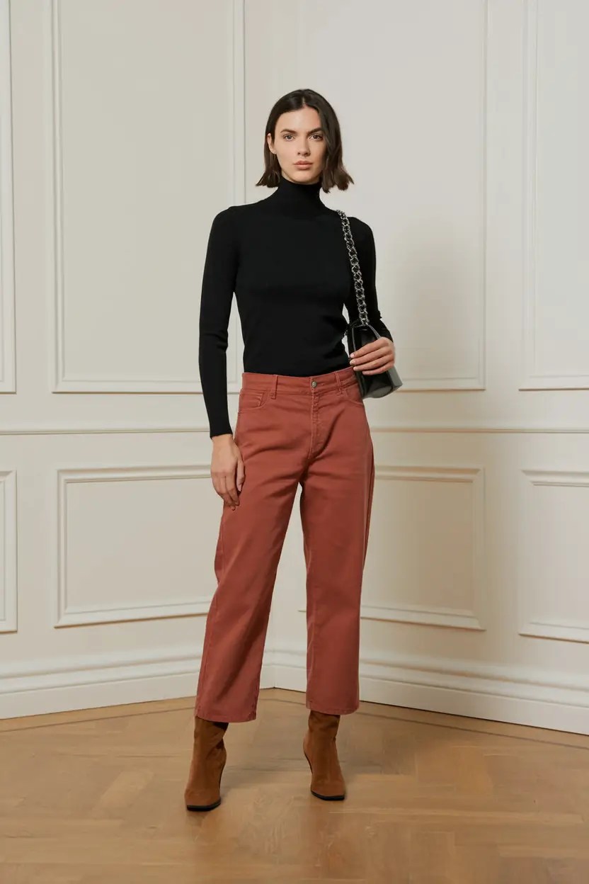 everyday fall outfits ideas 2025 Minimalist Turtleneck & Warm-Rust Trousers