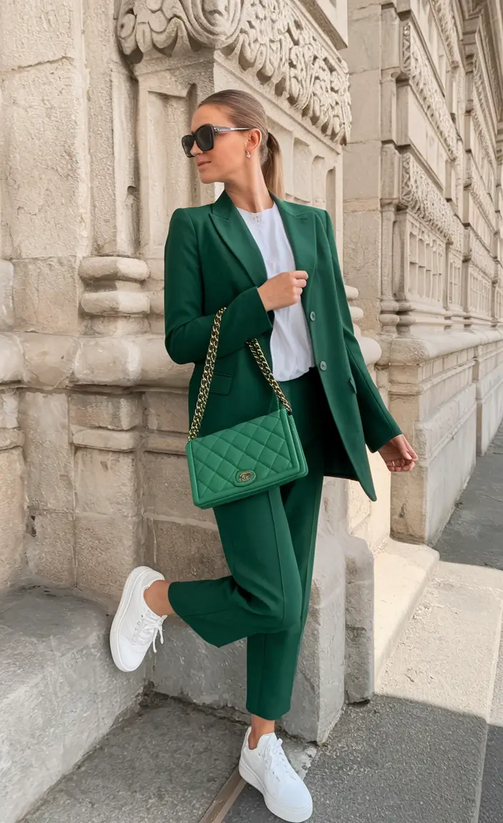 everyday fall outfits ideas 2025 Emerald Power Suit & Sneaker Swagger