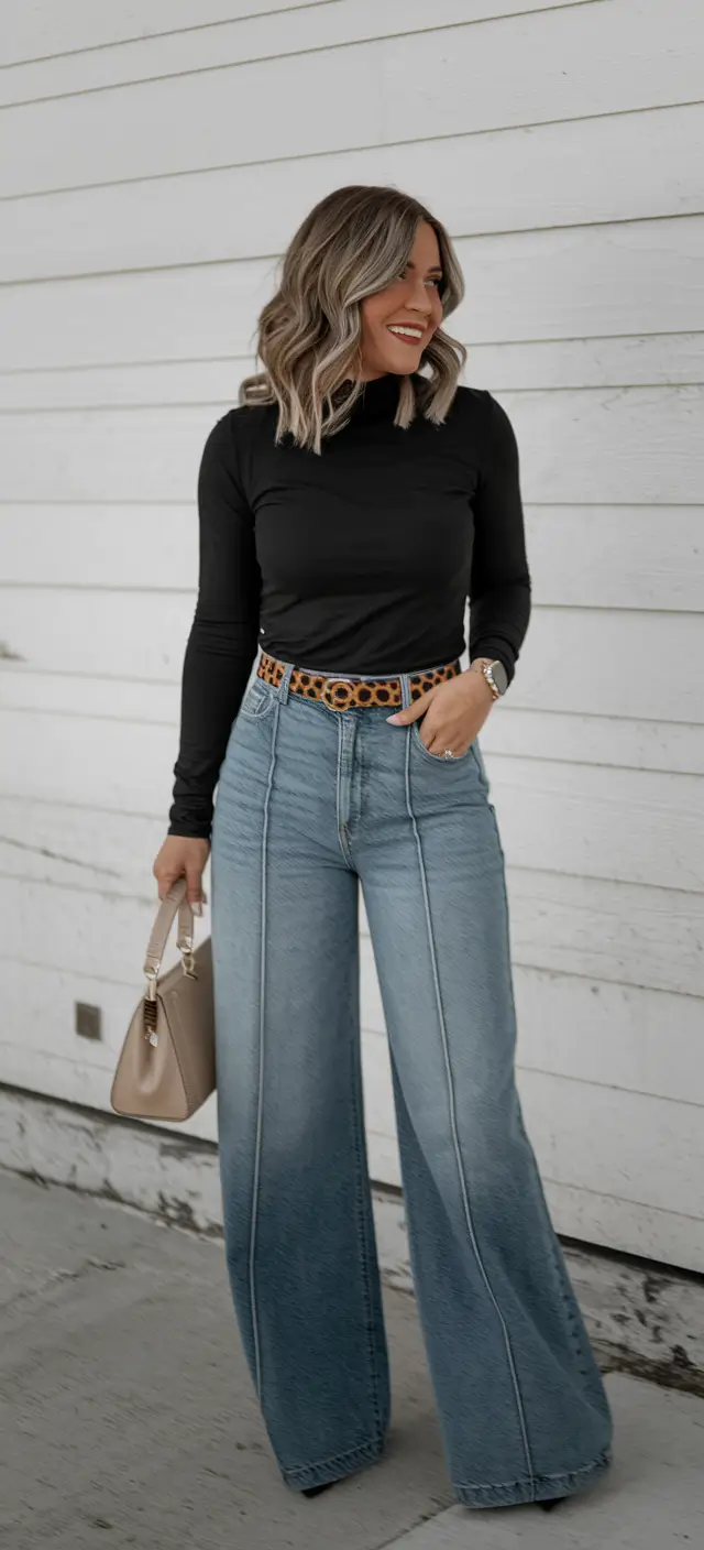 everyday fall outfits ideas 2025 Wide-Leg Denim & Animal-Print Attitude
