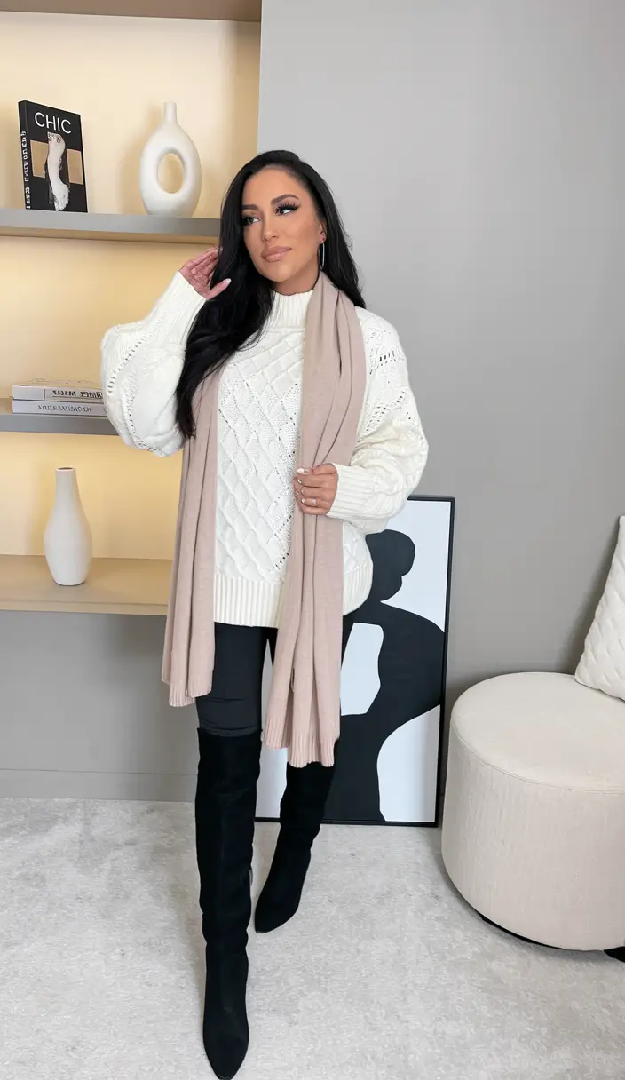 everyday fall outfits ideas 2025 Cozy Knit & Blush Scarf Layers