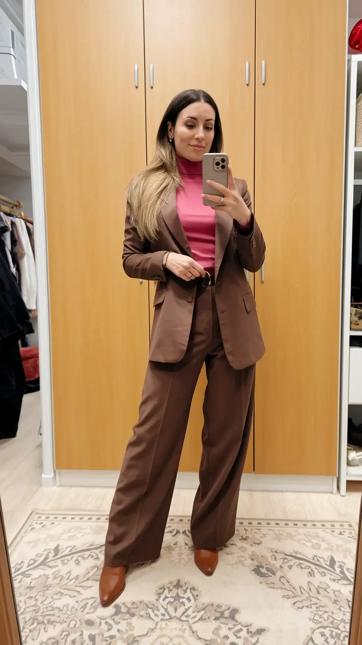 everyday fall outfits ideas 2025 Cocoa Suit & Magenta Pop