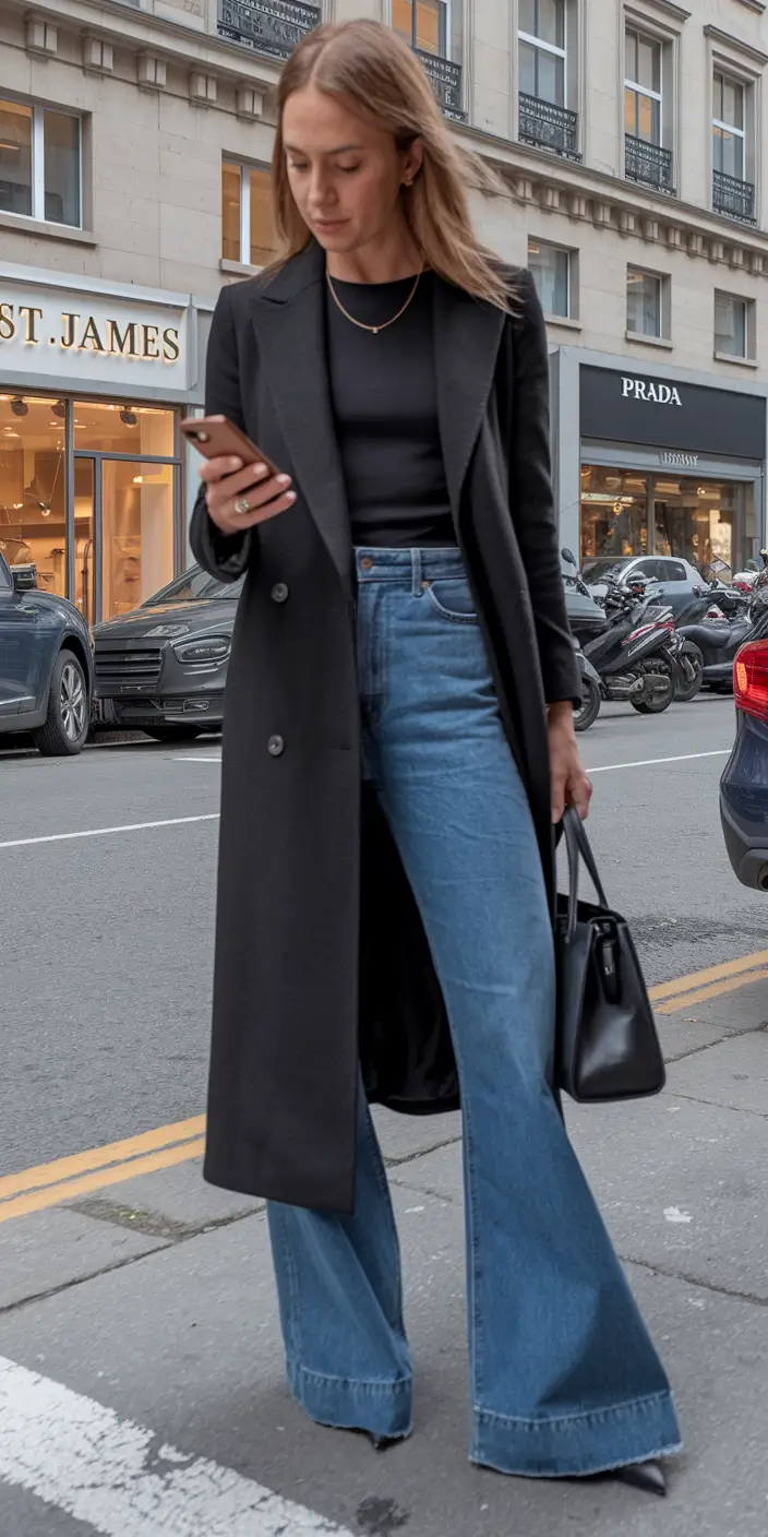 everyday fall outfits ideas 2025 City Longline Coat & Denim Flares