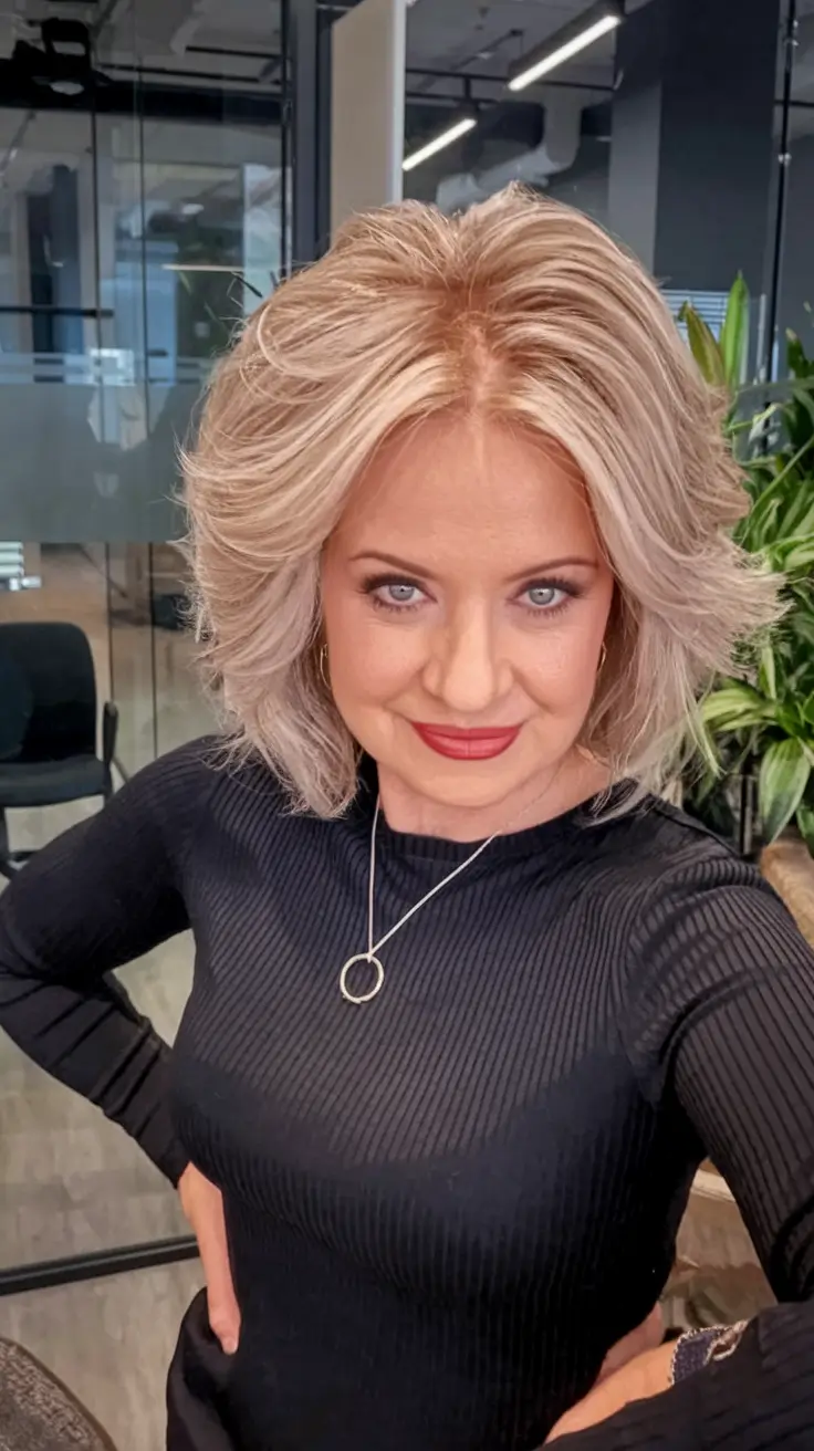 Fall 2025 Hair Color Guide for Women Over 50 Feathered Champagne Blonde with Volume