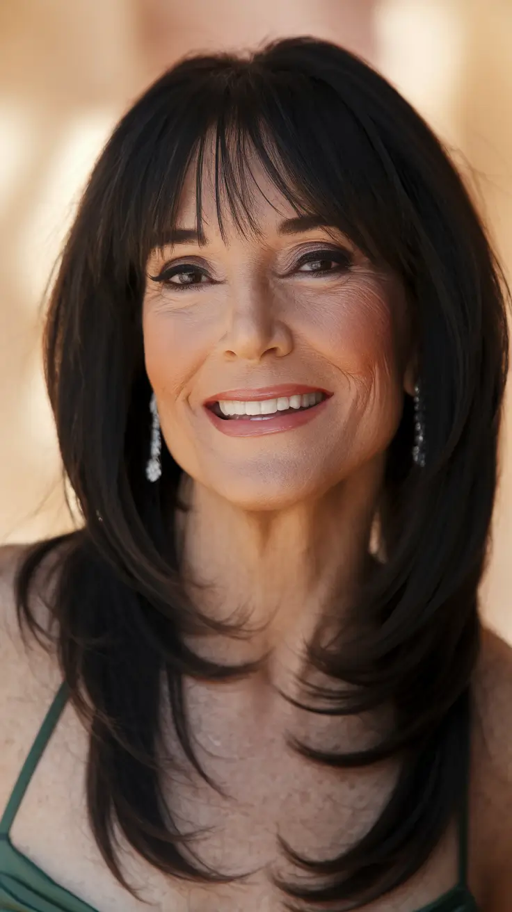 Fall 2025 Hair Color Guide for Women Over 50 Glossy Ebony Layers with Statement Bangs
