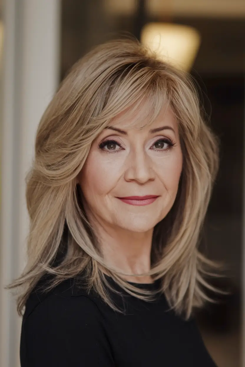 Fall 2025 Hair Color Guide for Women Over 50 Light Champagne Layers with Side Fringe