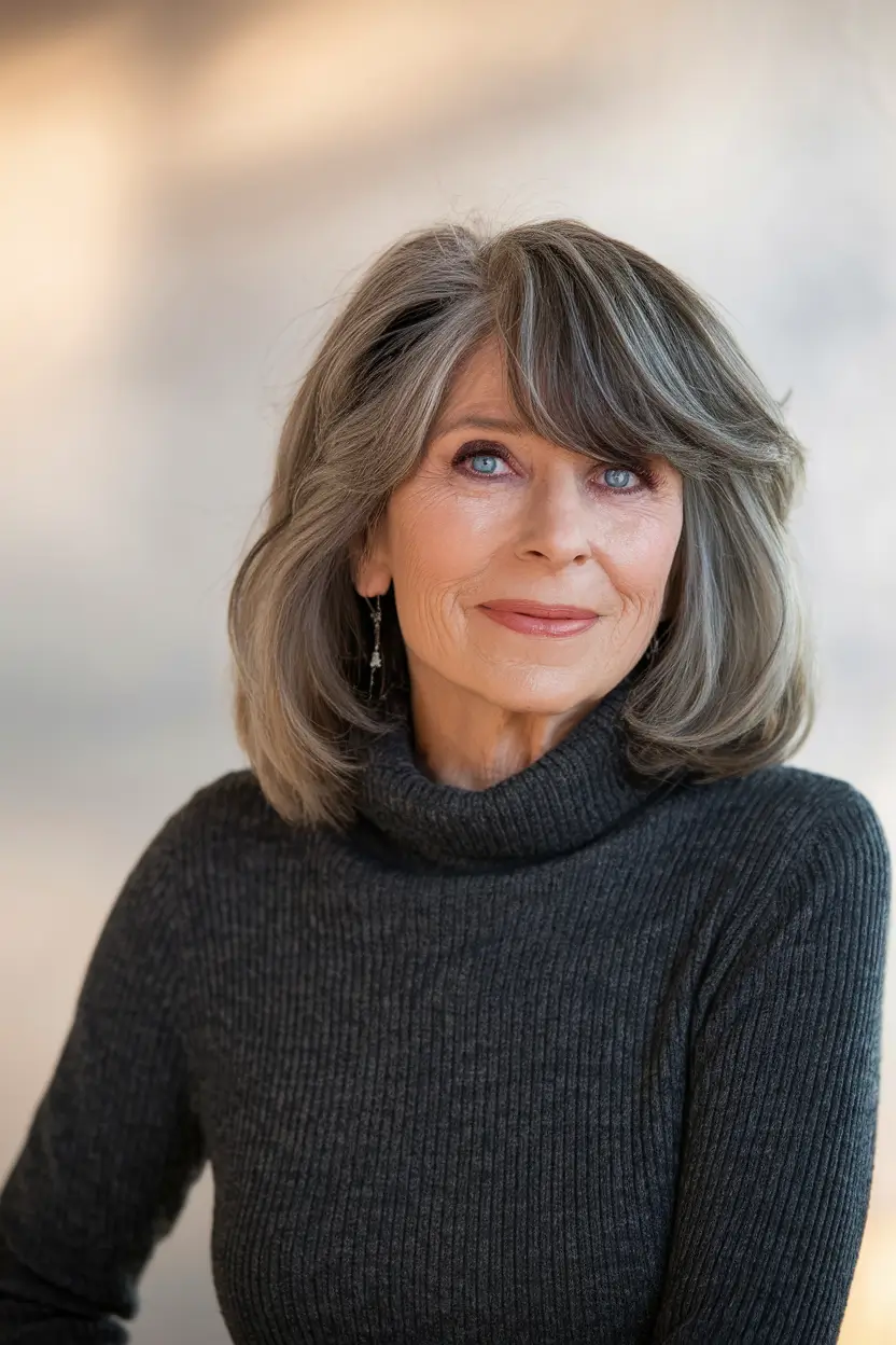 Fall 2025 Hair Color Guide for Women Over 50 Silver Ash Bob with Feathered Bangs