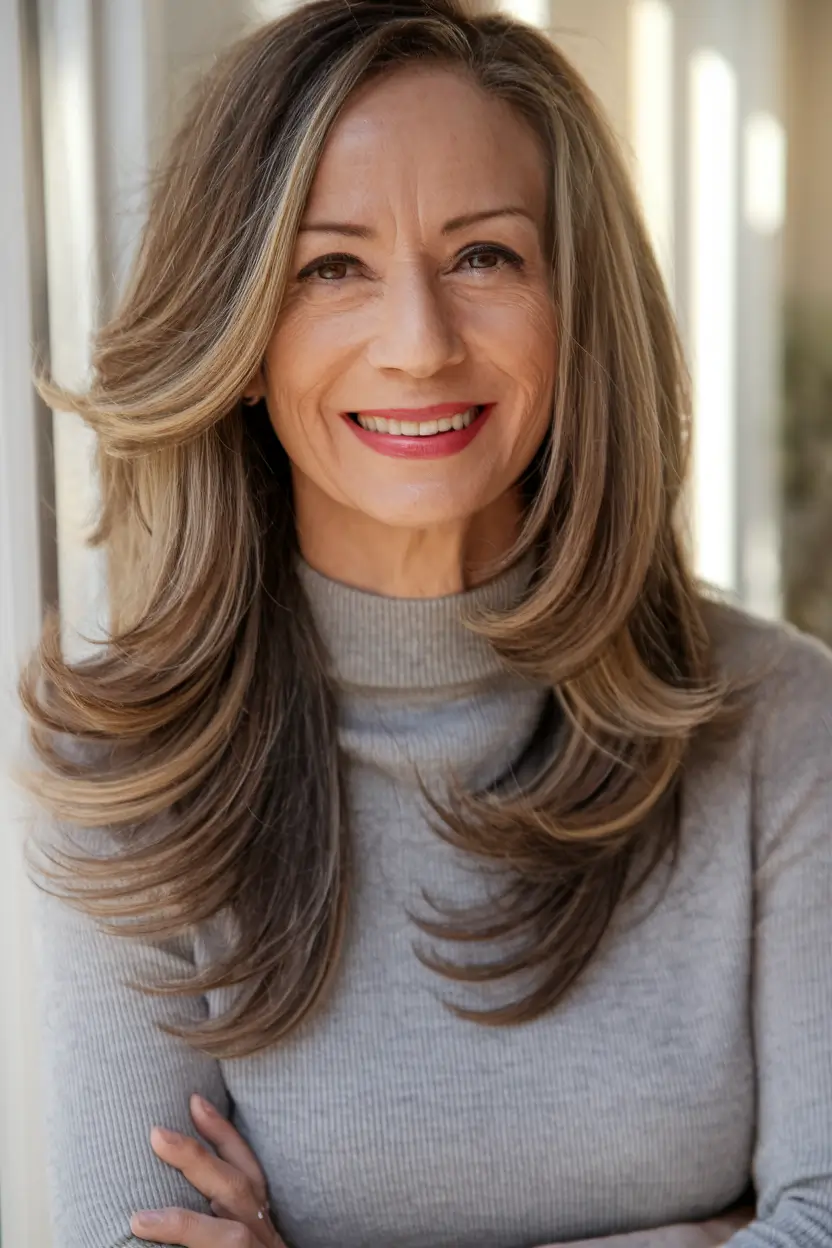Fall 2025 Hair Color Guide for Women Over 50 Sunlit Sandstone Layers with Root Dimension