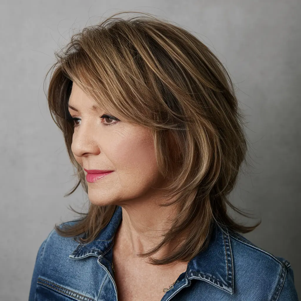 fall hair color for women over 60 Warm Feathered Layers with Chestnut Tones