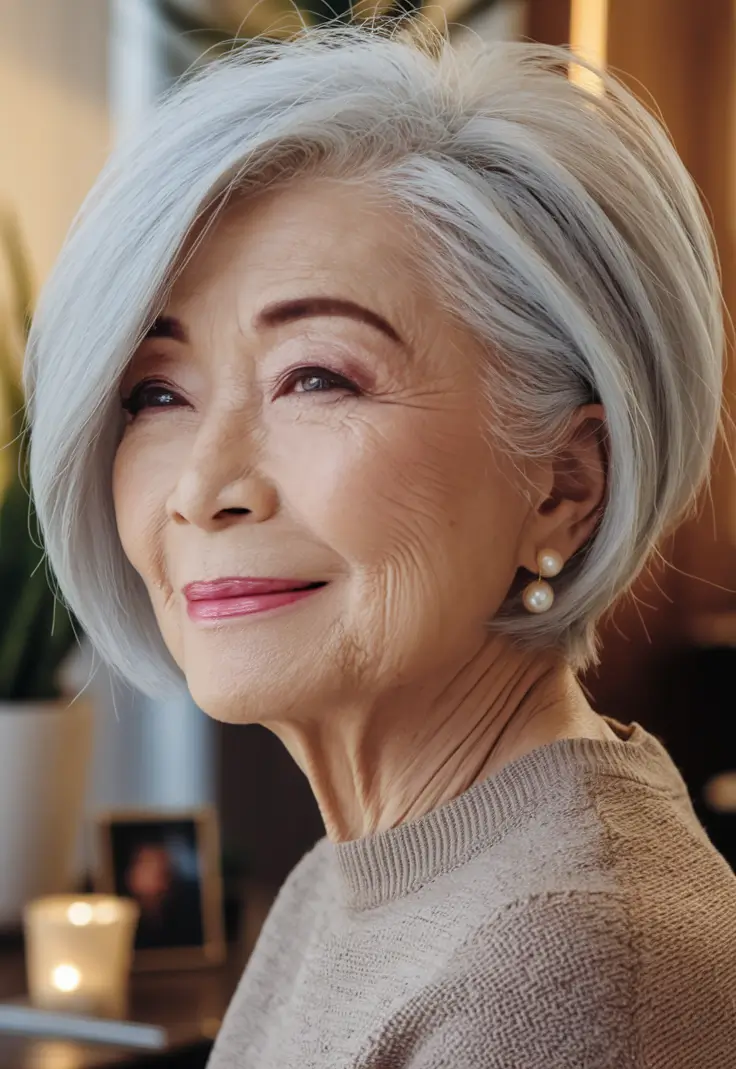 fall hair color for women over 60 Elegant Frosted Silver Bob with Clean Side Part