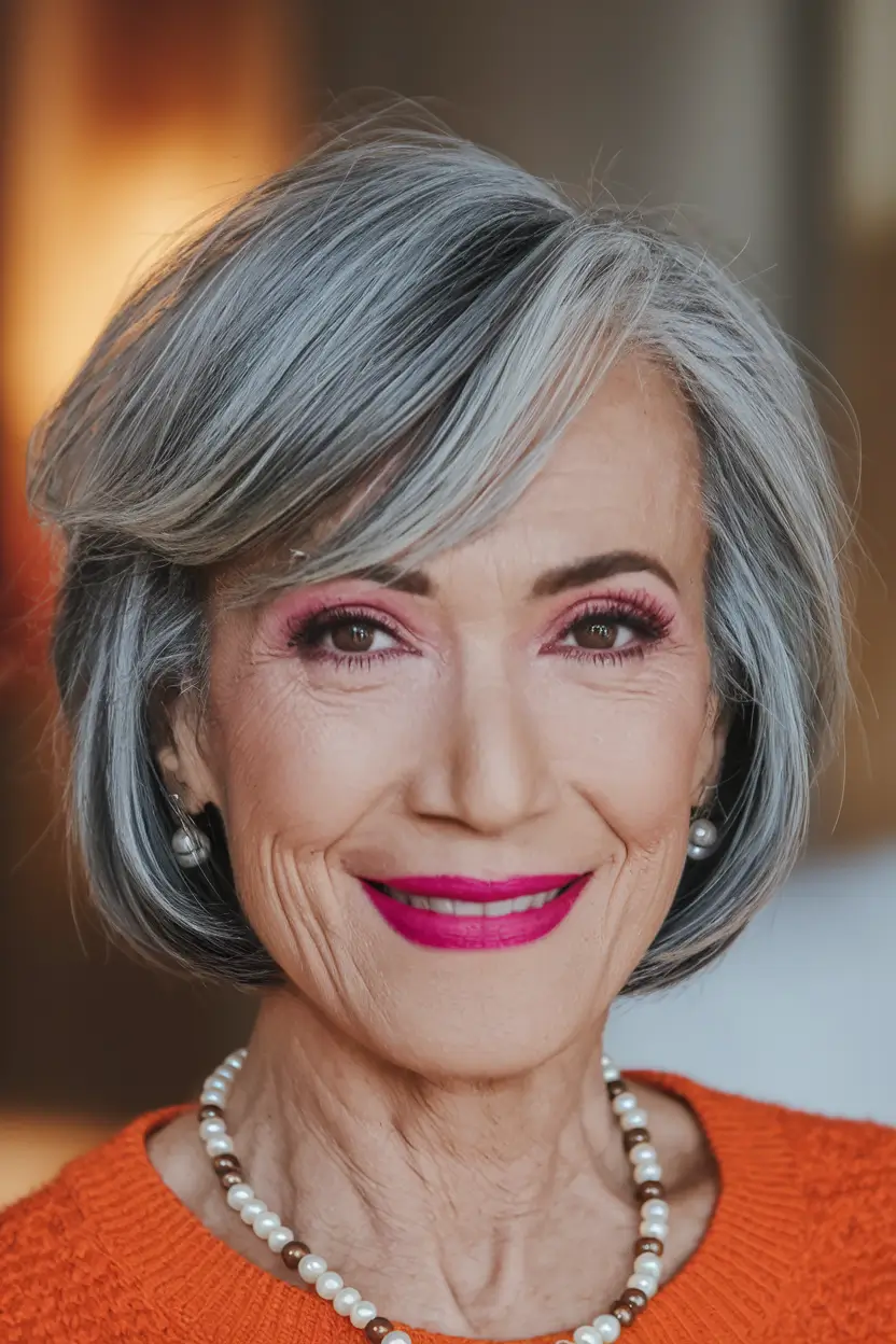 fall hair color for women over 60 Layered Silver with Charcoal Streaks and Bold Makeup