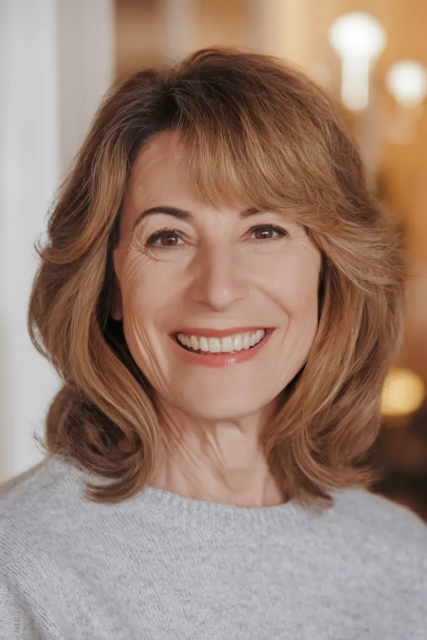 fall hair color for women over 60 Golden Honey Layers with Curtain Bangs