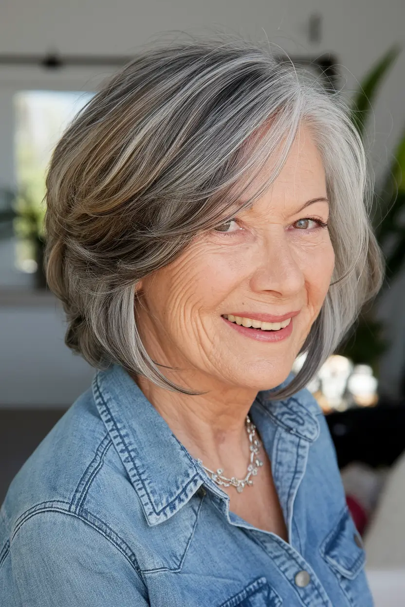 fall hair color for women over 60 Layered Bob with Silver and Ash Accents