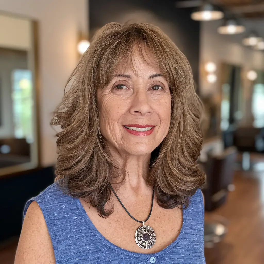 fall hair color for women over 60 Soft Golden Layers with Wispy Bangs