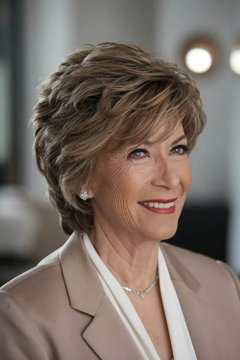 fall hair color for women over 60 Layered Pixie with Cool Brown Highlights