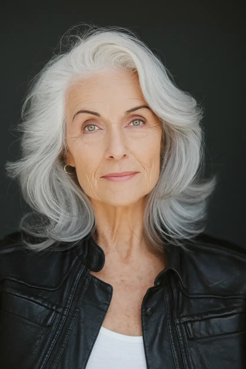 fall hair color for women over 60 Snowy Silver with Voluminous Layers