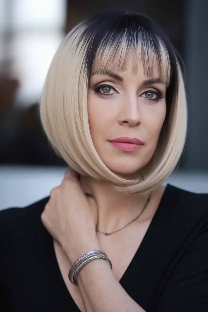 Fall 2025 Hair Colors for Women 40-Year-Olds and Up - Rooted Ombre Bob with Icy Bangs