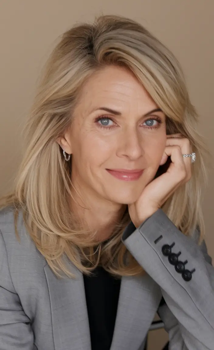 Fall 2025 Hair Colors for Women 40-Year-Olds and Up - Classic Champagne Blonde Layers with Side Part