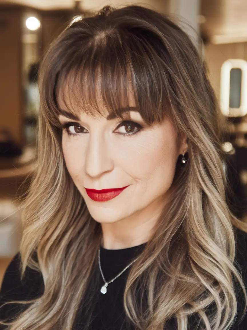 Fall 2025 Hair Colors for Women 40-Year-Olds and Up - Soft Ashy Balayage with Wispy Bangs