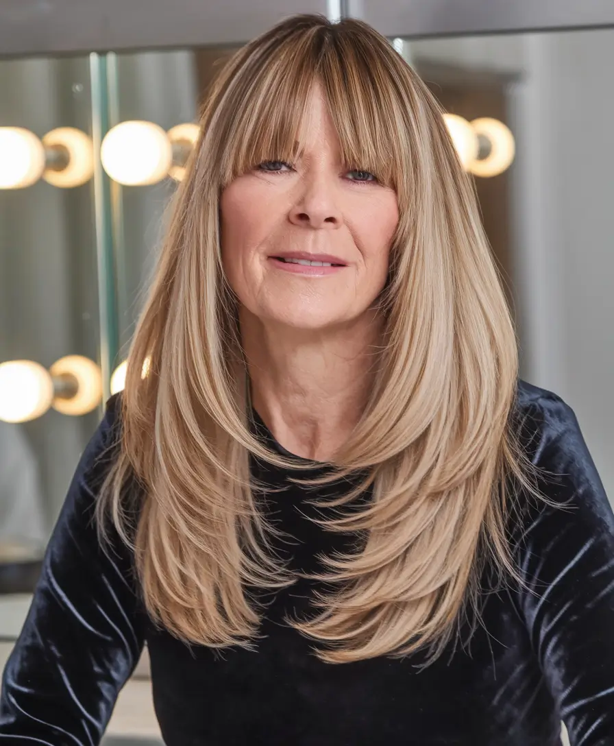 Fall 2025 Haircuts for Women 50+ Fringed Blonde Layers with a Retro Spark