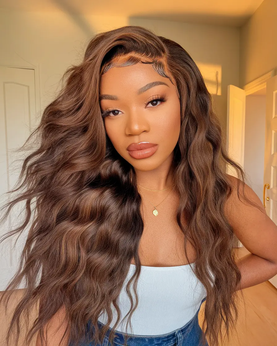 Fall 2025 Hairstyles for Black Women Toffee-Toned Loose Waves with Side Part