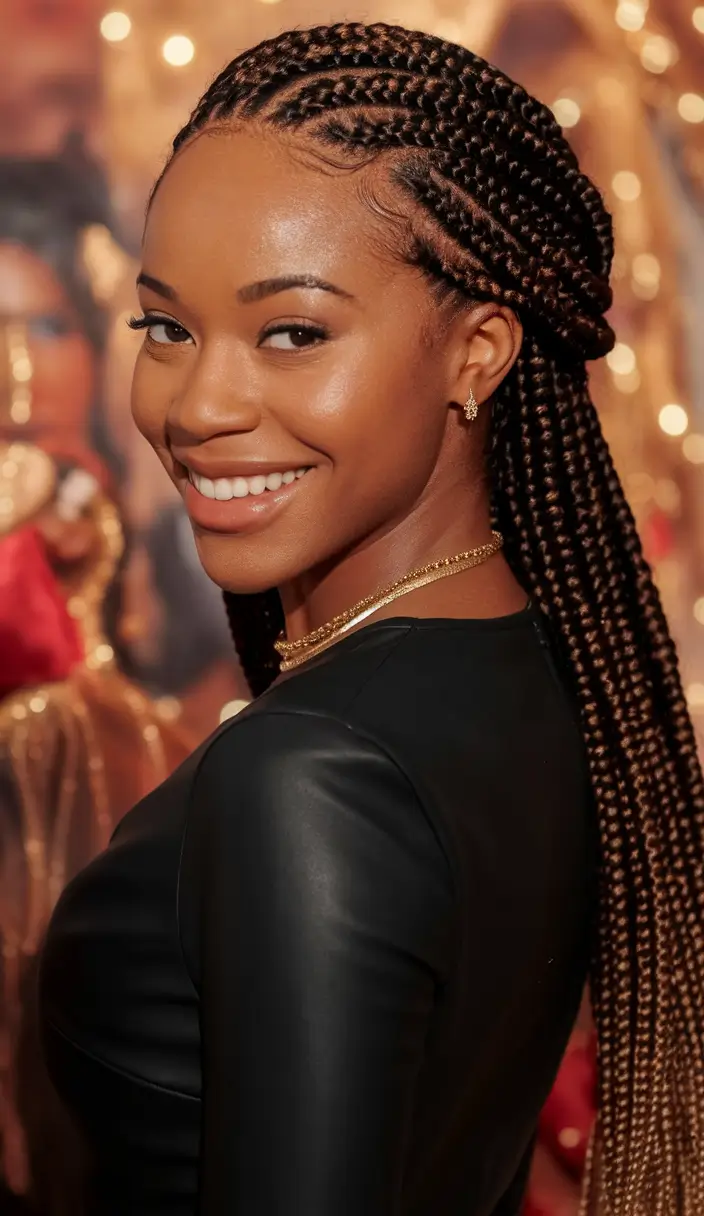 Fall 2025 Hairstyles for Black Women Stretched Back Feed-In Cornrows