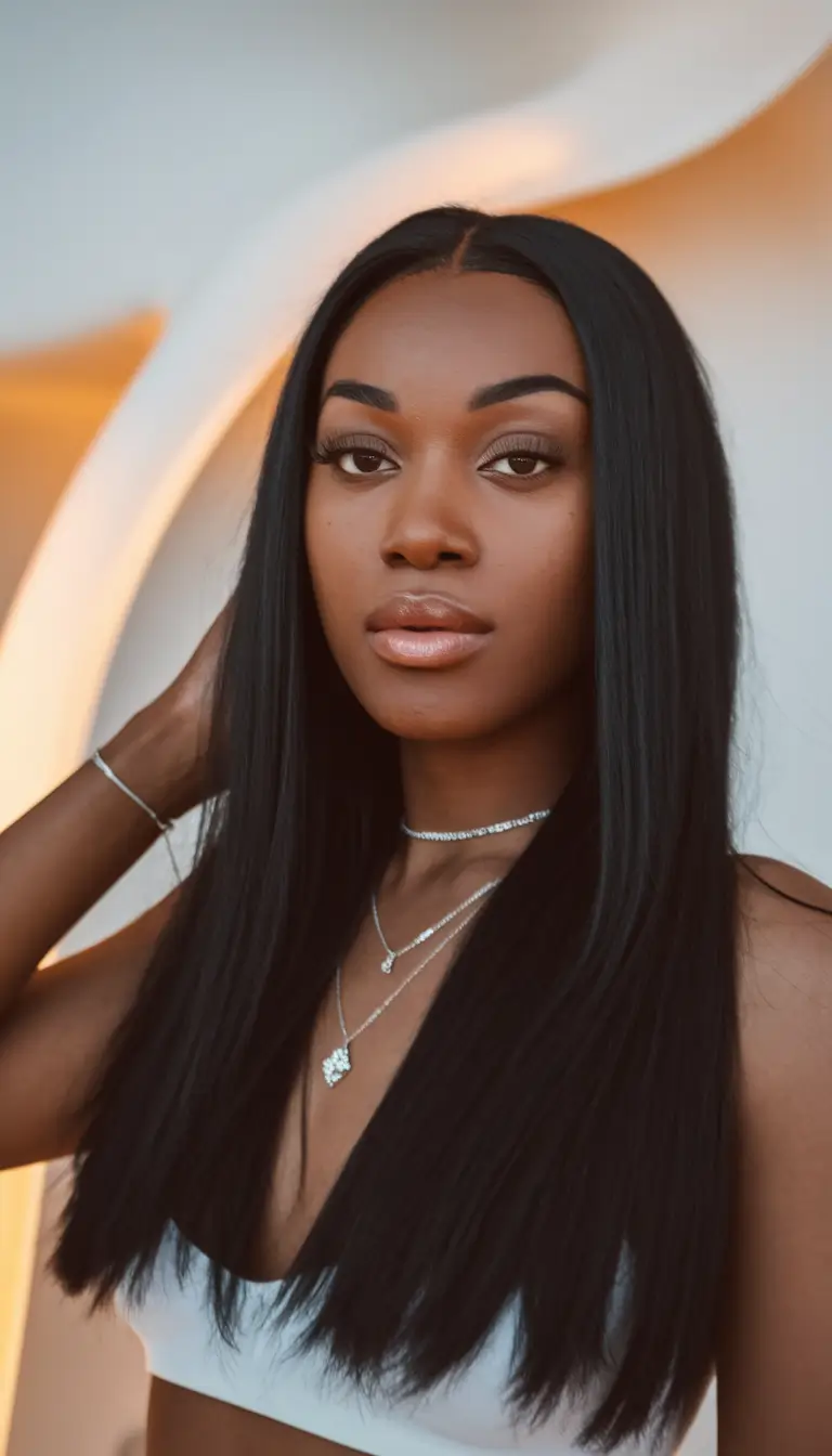 Fall 2025 Hairstyles for Black Women Mid-Length Press with Center Part